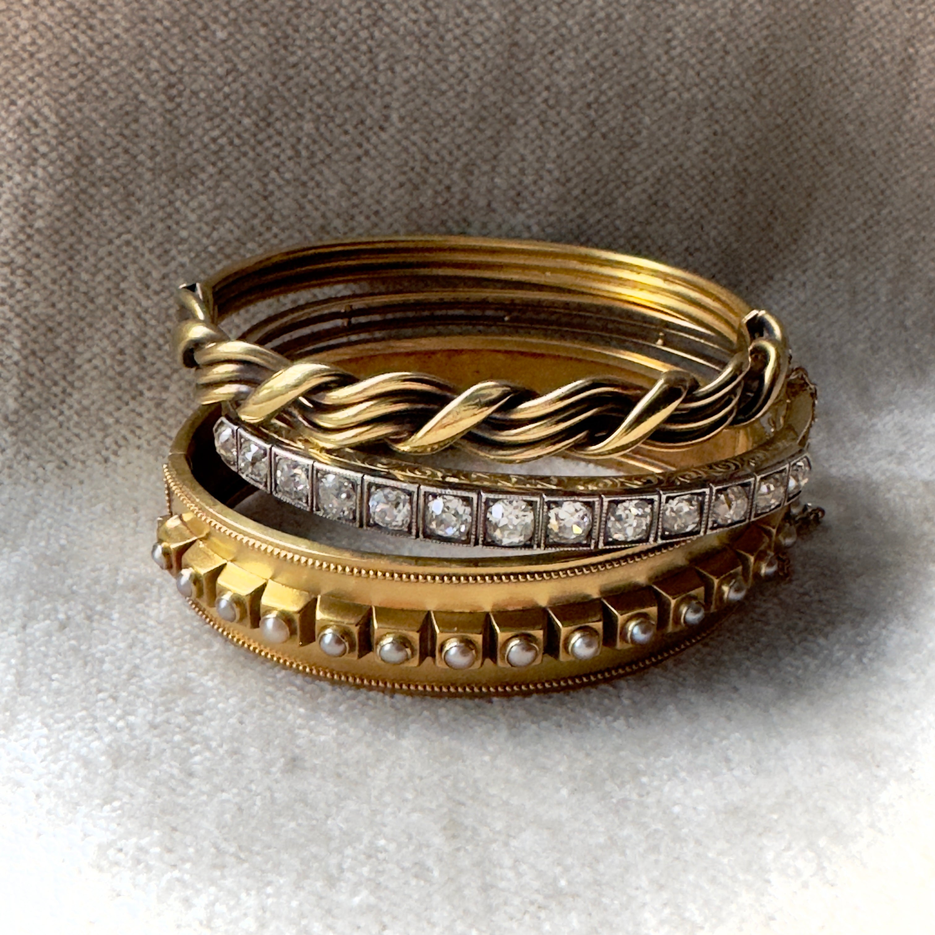 Antique Victorian 15k/Silver Diamond Bangle Bracelet - 4.37 ctw