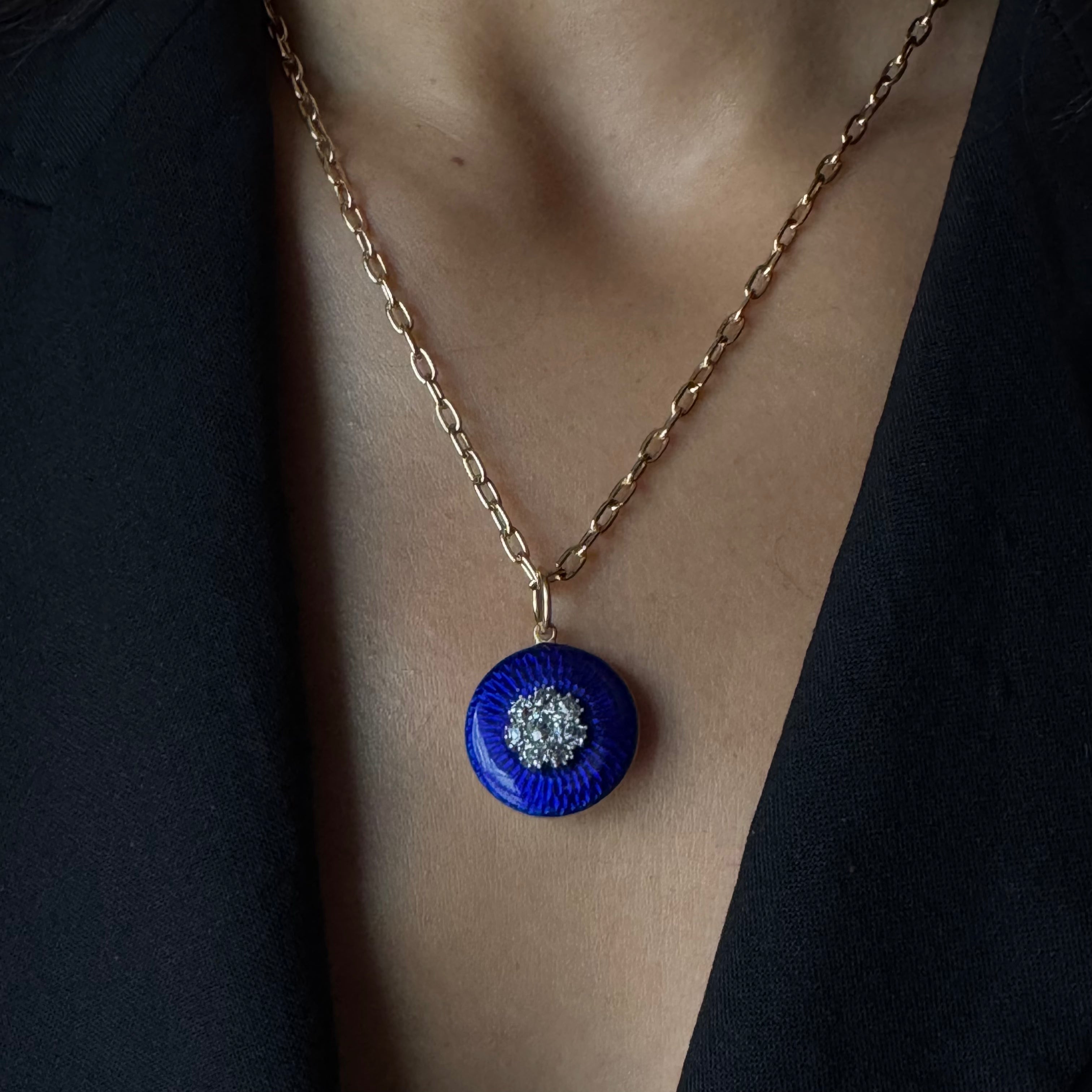 Antique Early Victorian 18k Blue Guilloche w/ Old Mine Cut Diamond Flower Locket Pendant
