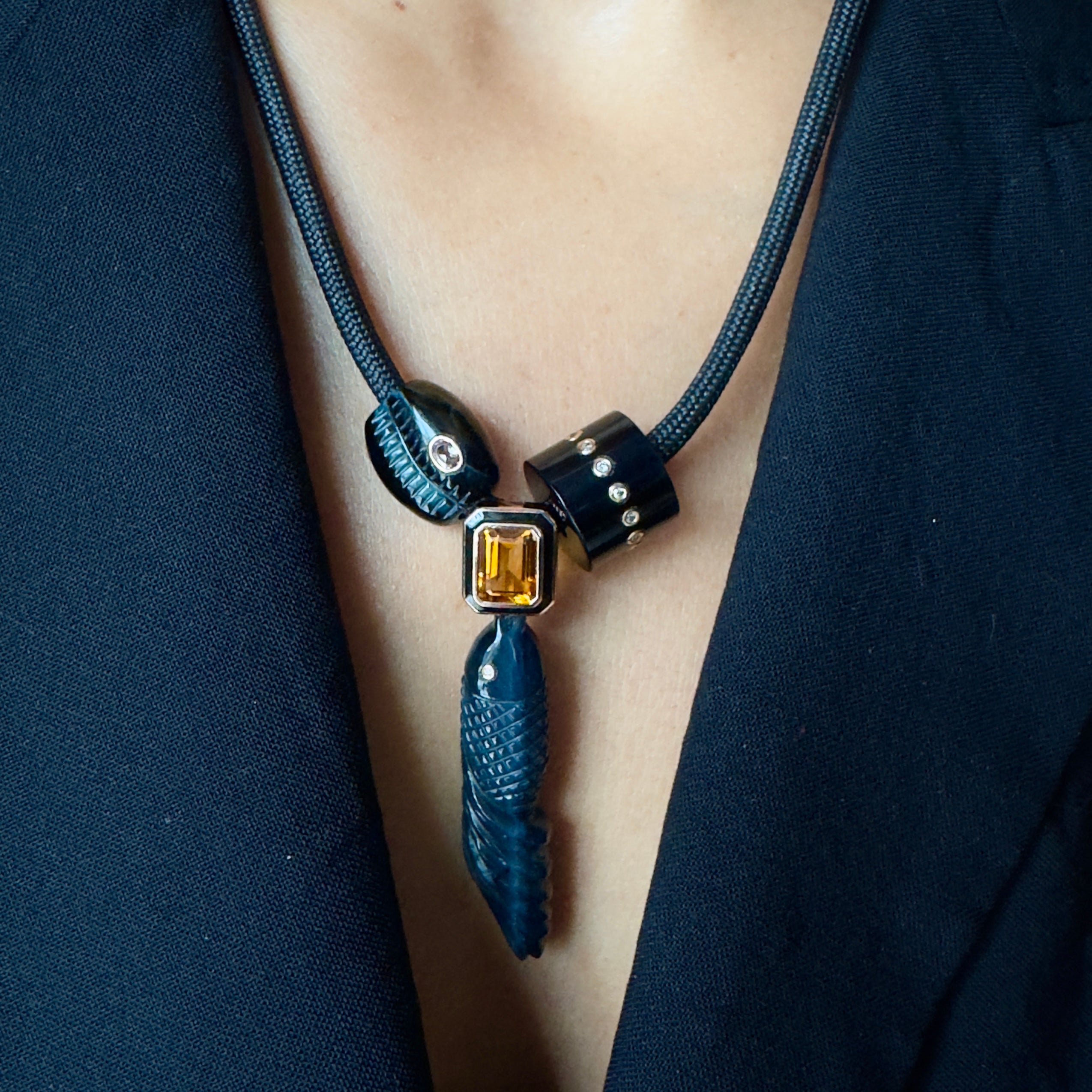 Dezso 18k Blue Tiger Eye Cowry, Fish & Diamond Inset Bead Necklace on Black Cord
