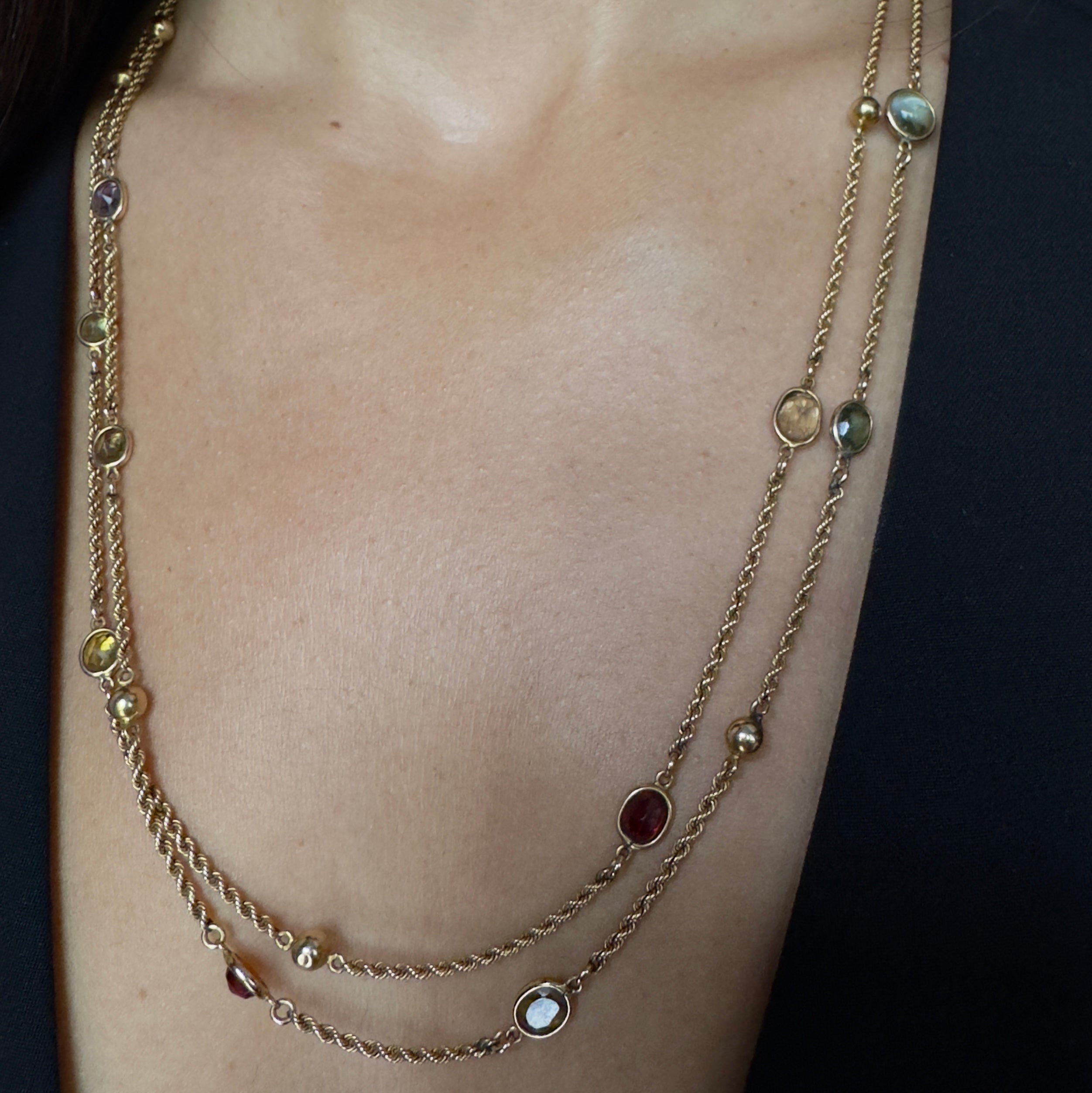 Antique Late Victorian 15k Assorted Gemstones Chain- 47”