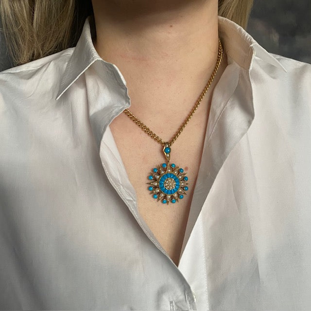 Antique Victorian 15k Turquoise and Pearl Star Pendant w/ Locket Back
