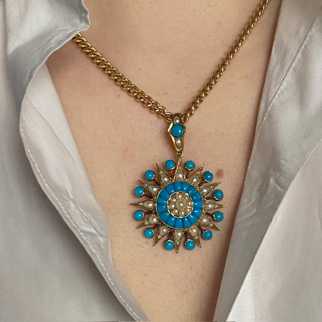 Antique Victorian 15k Turquoise and Pearl Star Pendant w/ Locket Back