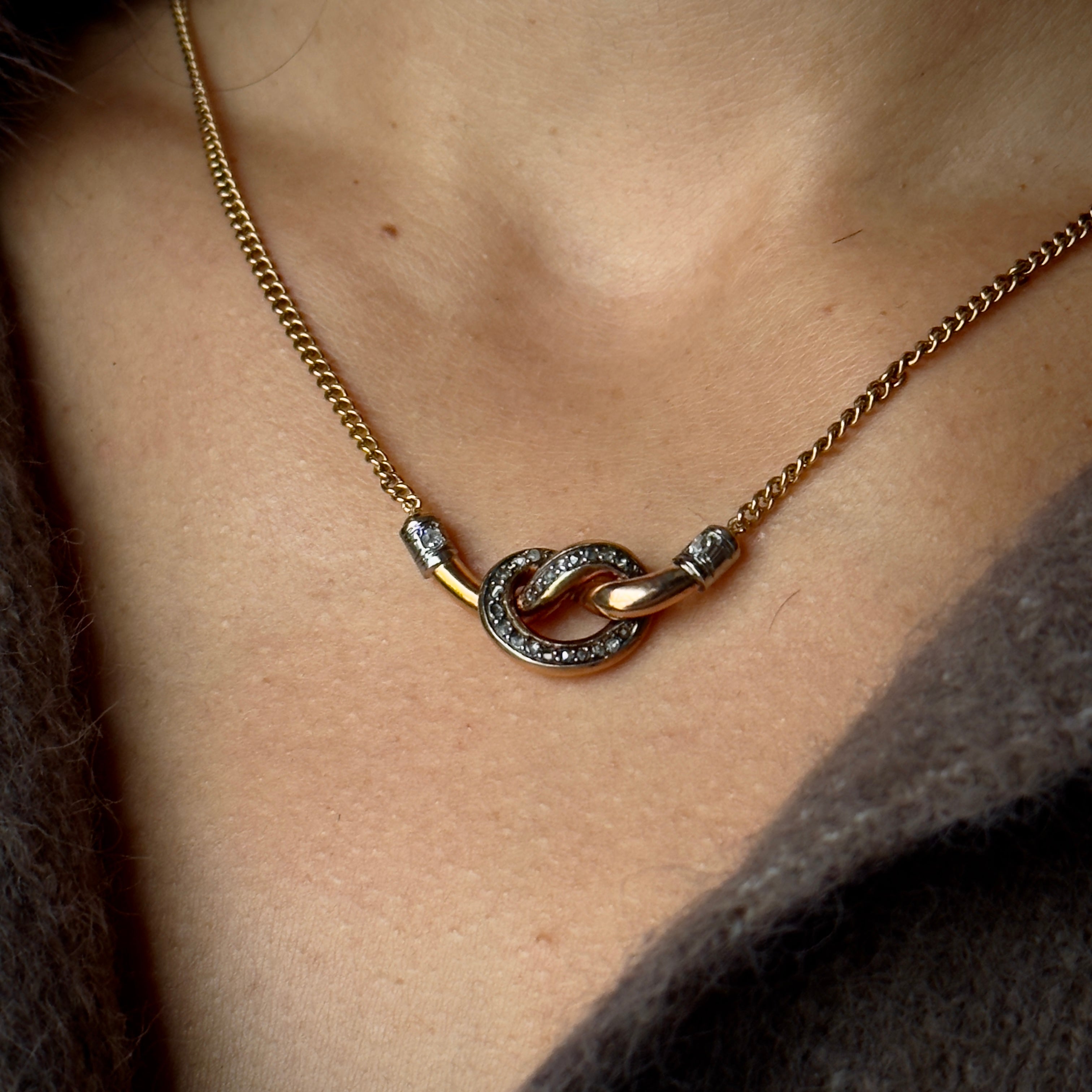 Antique Victorian 14k Love Knot w/ Diamonds Pendant Necklace- 18"