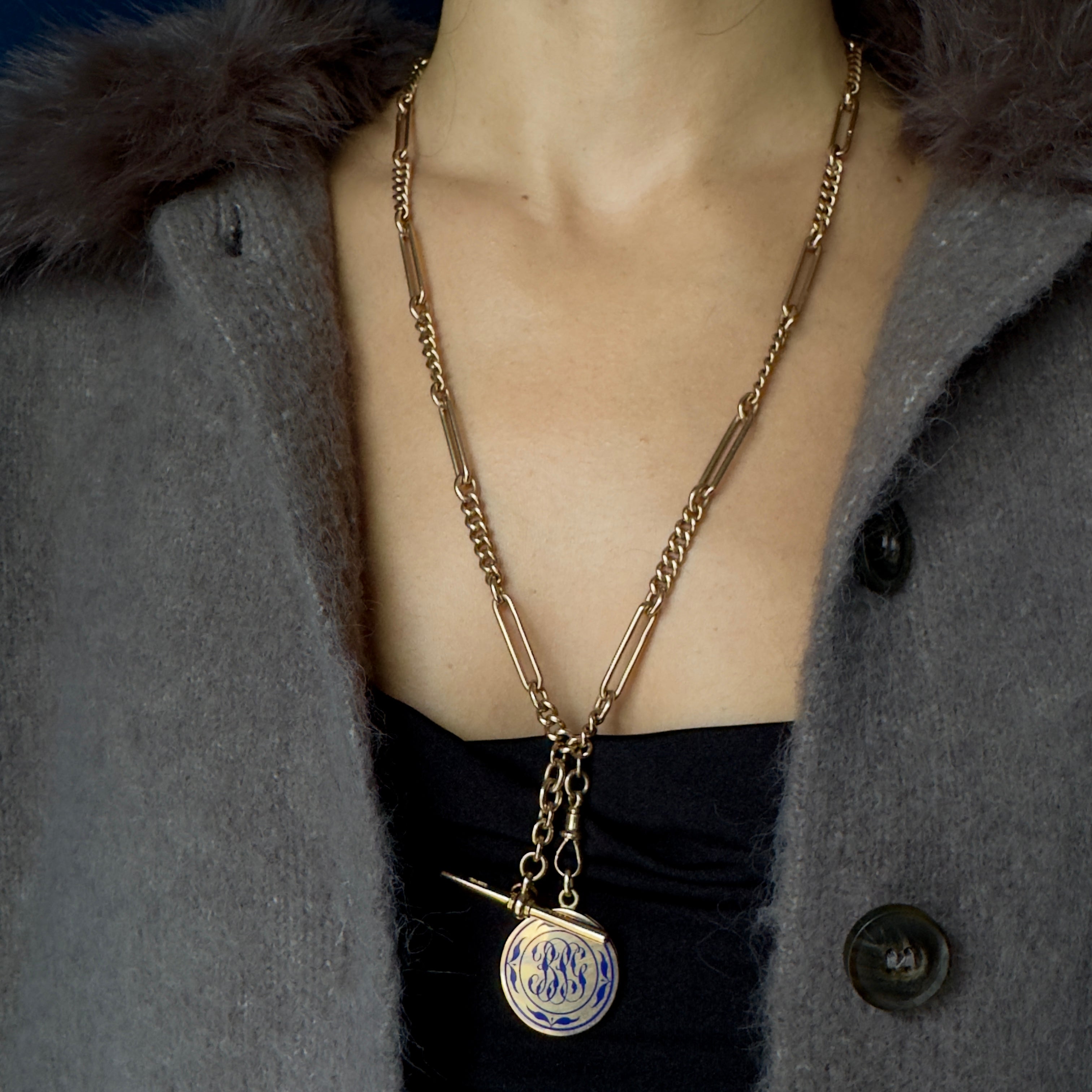 Antique Victorian 15k Trombone Link Watch Chain w/ T-bar - 25”