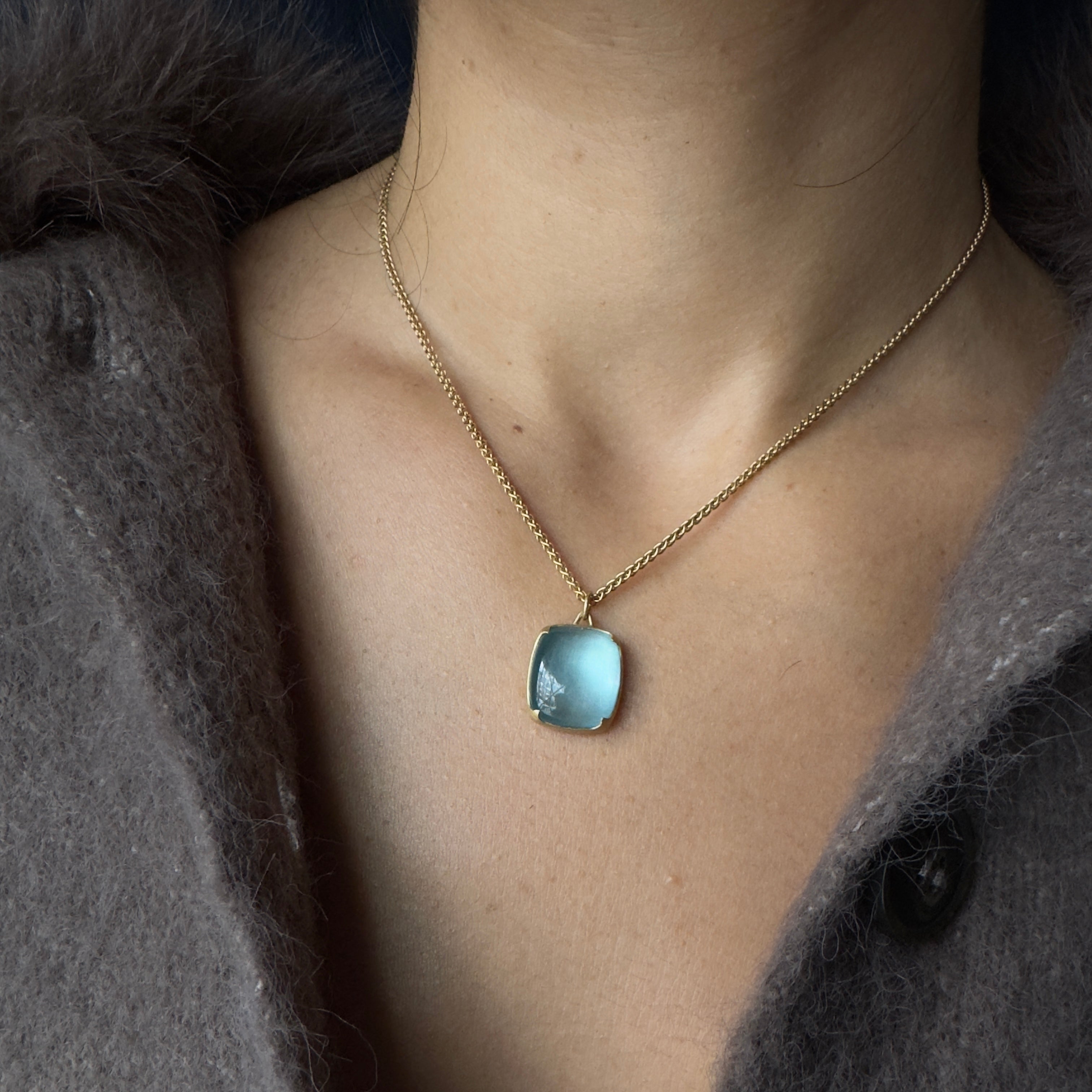 Gabriella Kiss 18k Cushion Aquamarine Pendant Necklace- 16”