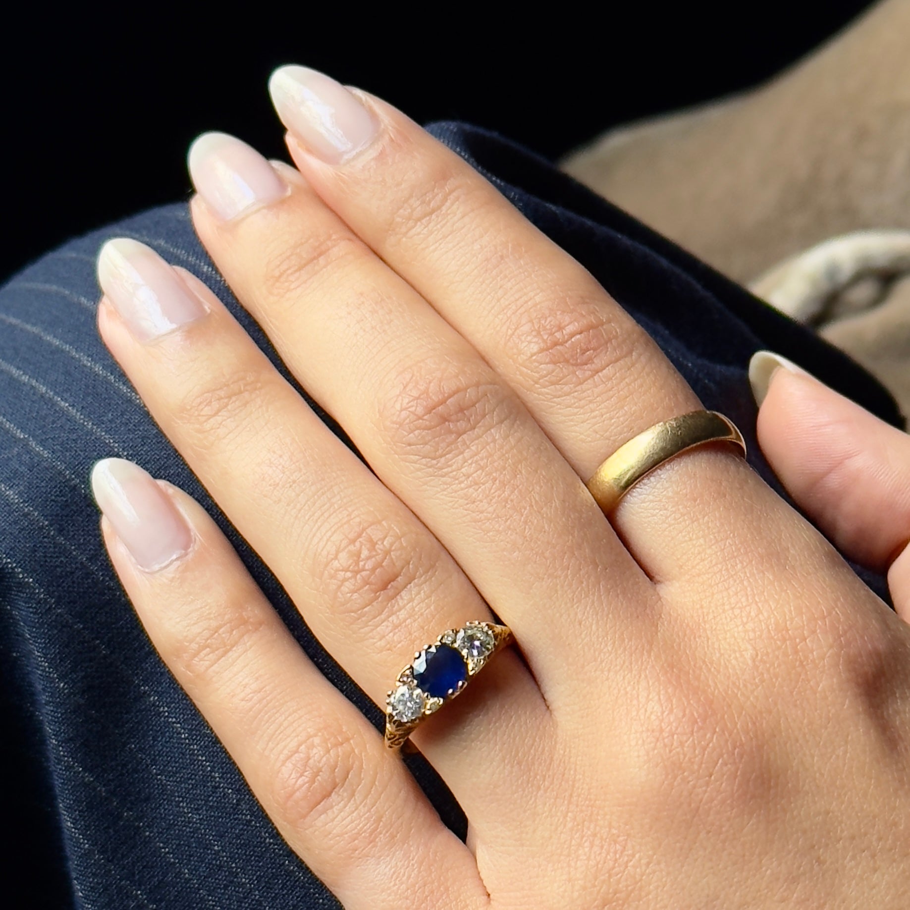 Antique Art Deco 18k Sapphire & Diamond Three Stone Ring- 1.35ctw