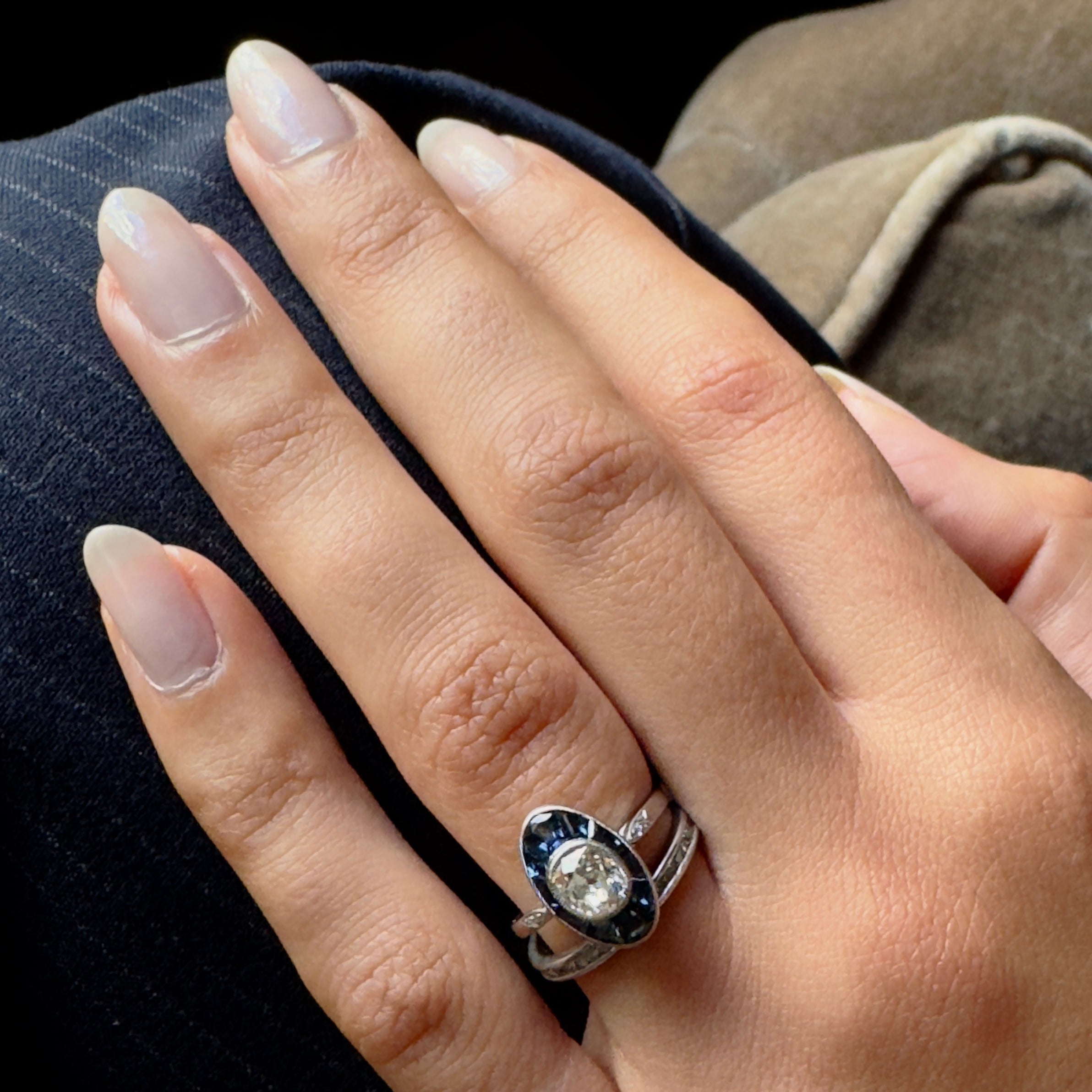 Antique French Platinum Diamond & Sapphire Marquis Ring