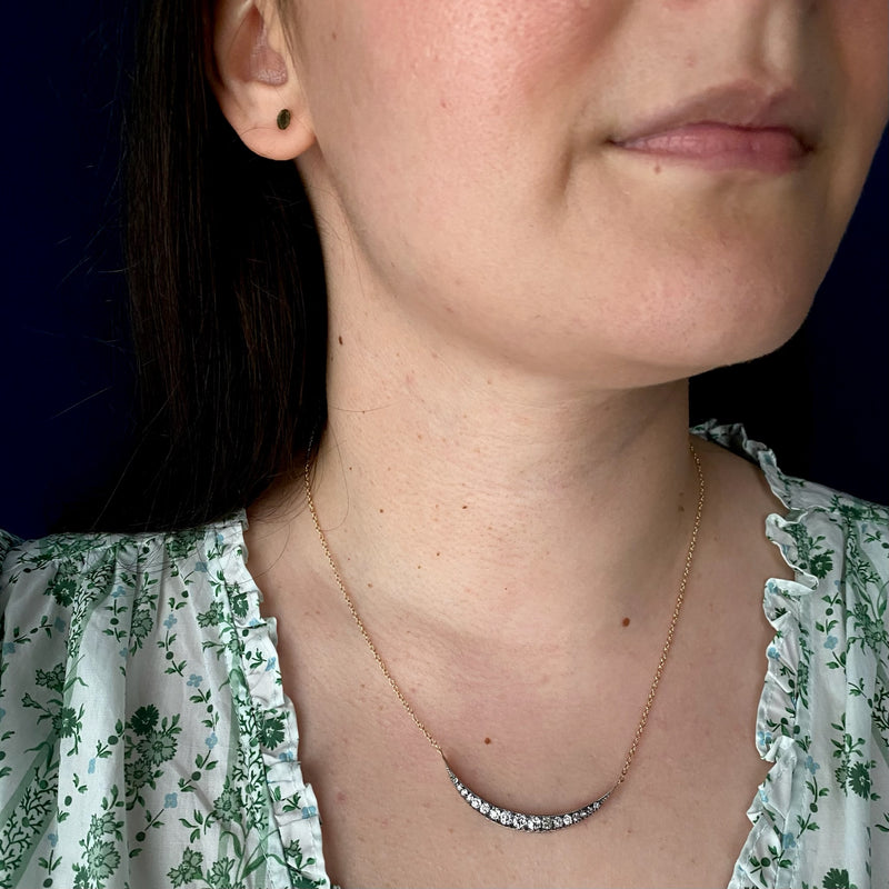Antique 14k/ Silver Set Old European Cut Diamond Crescent Necklace