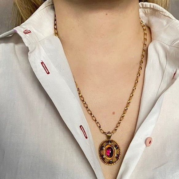 Antique Etruscan Revival 14k Garnet Locket Back Pendant