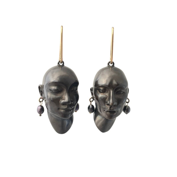 Gabriella Kiss Bronze Head with Black Pearl Earrings