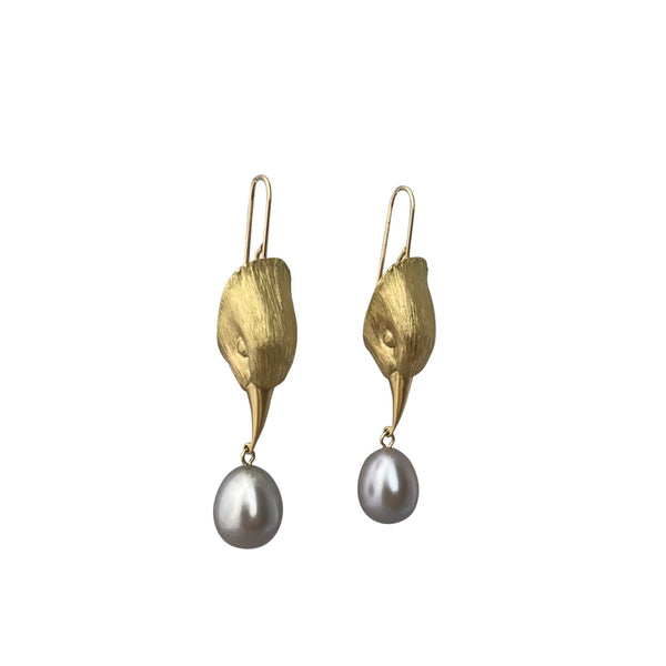 Gabriella Kiss 18k Gold Bird Head with Grey Pearl Earrings