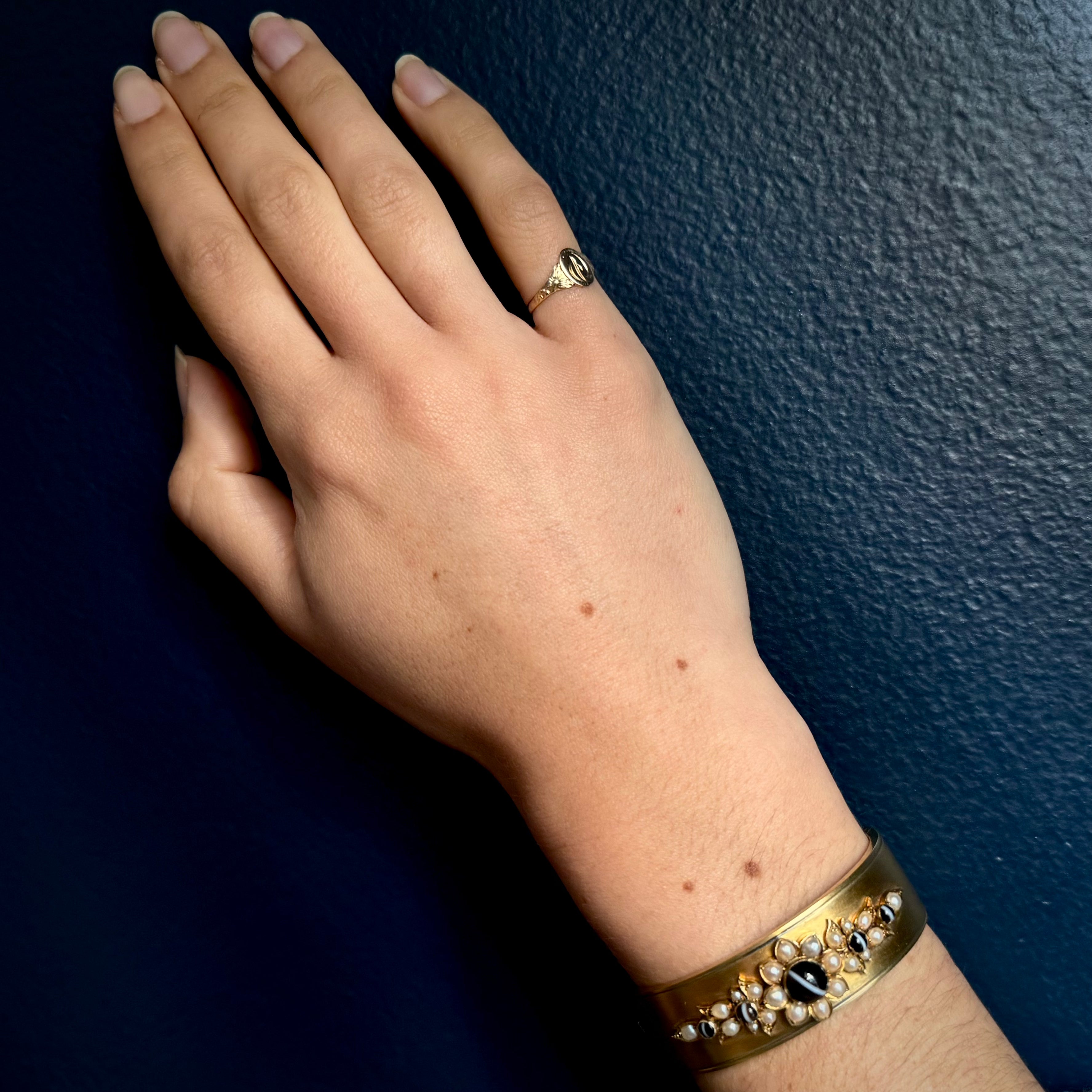Antique Victorian 18k Agate and Pearl Bangle Bracelet