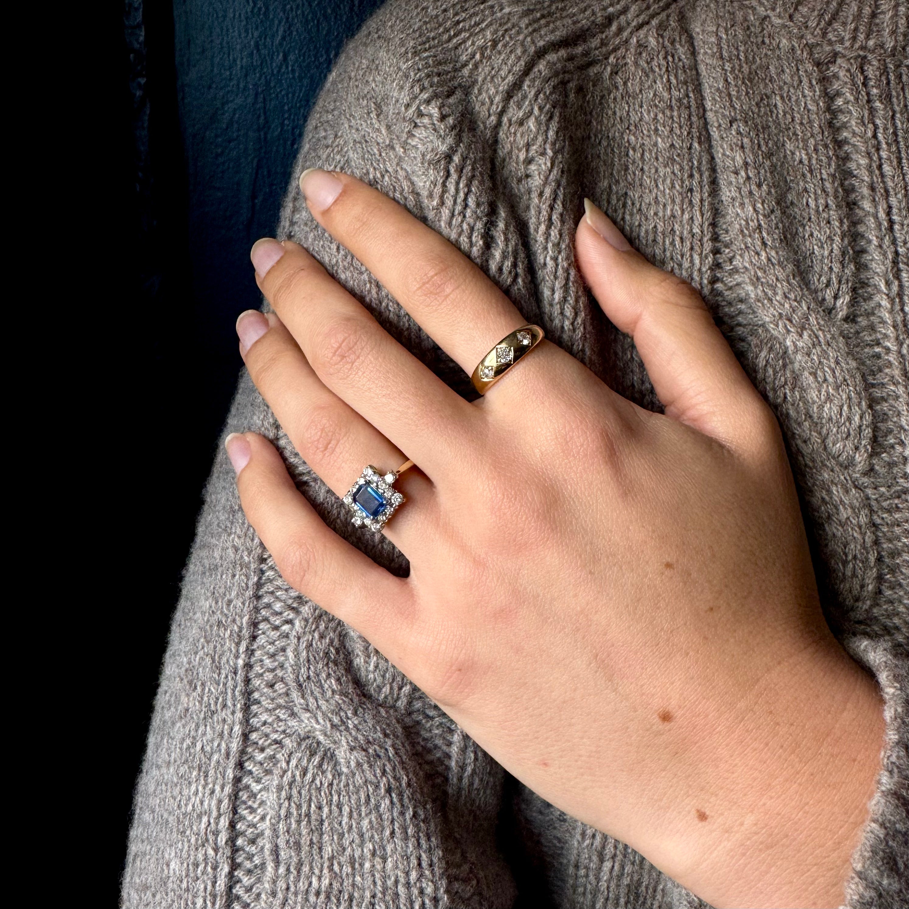 Antique Edwardian 15k Emerald Cut Ceylon Sapphire & Diamond Ring
