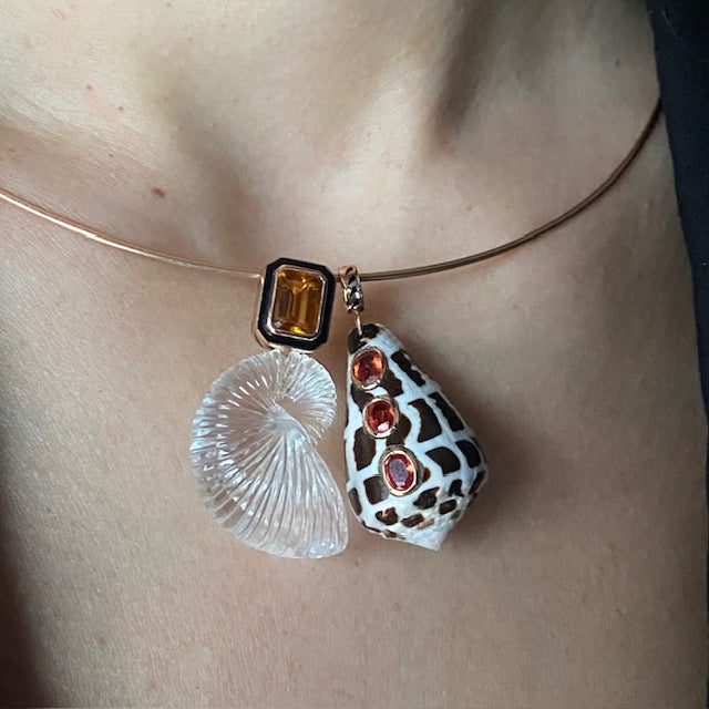 Dezso 18k Conus Shell Pendant with Orange Sapphires