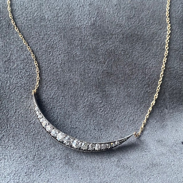 Antique 14k/ Silver Set Old European Cut Diamond Crescent Necklace