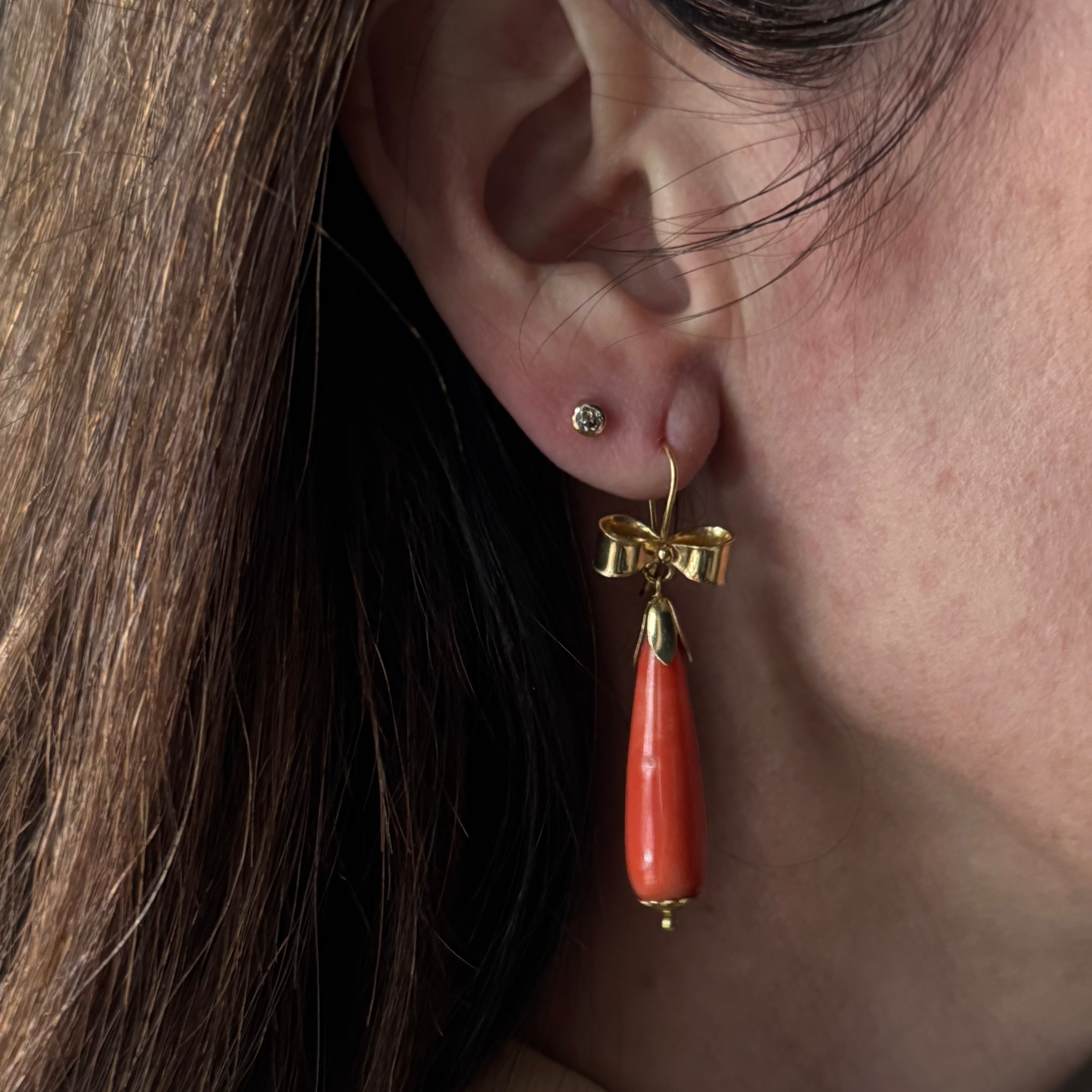 Antique Victorian 18k Italian Coral Bow Pendant Earrings