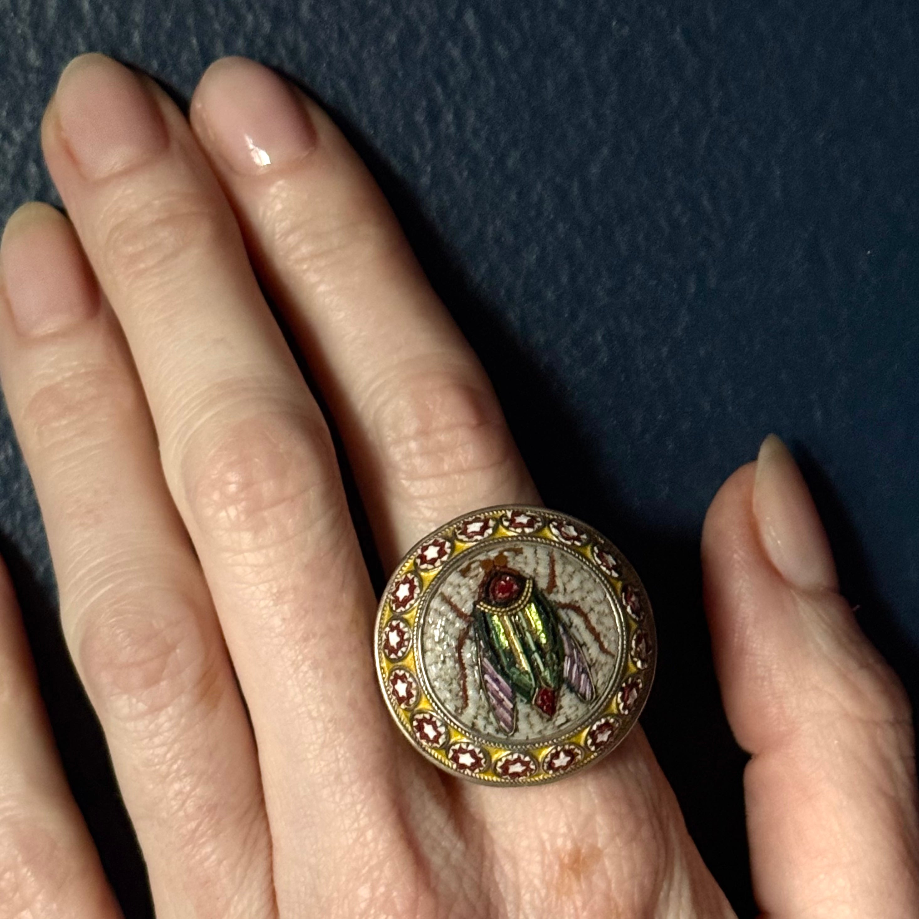 Antique Victorian 14k/Silver Beetle Micromosaic Ring