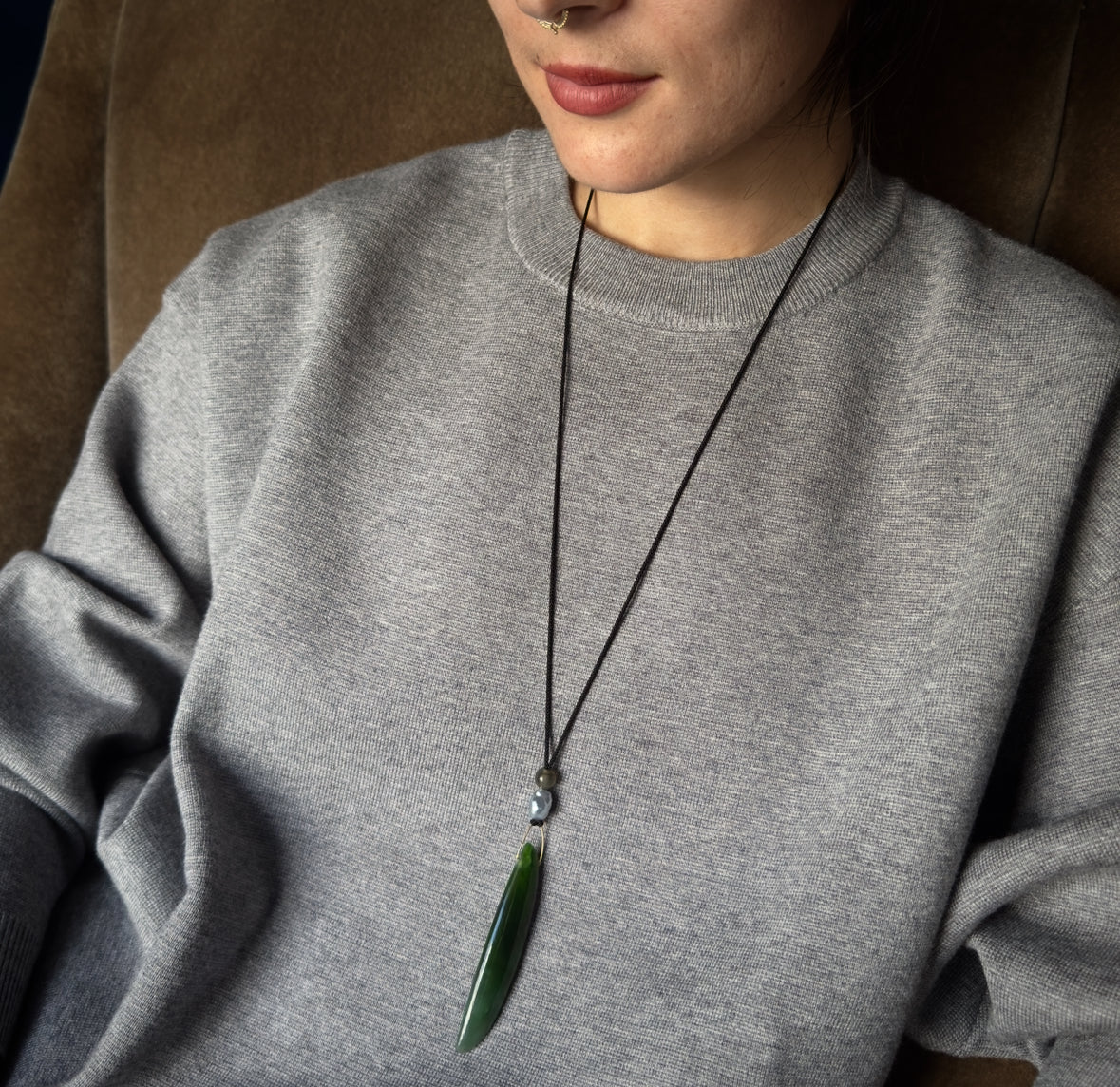 Gabriella Kiss 14k Nephrite Jade Bean Pendant on Silk Cord Necklace