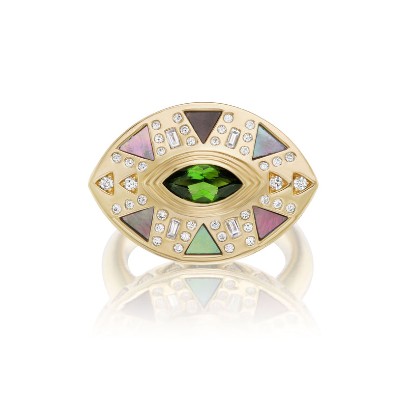 Harwell Godfrey 18k Tourmaline, MOP, Diamond Cleopatra's Eye Cocktail Ring