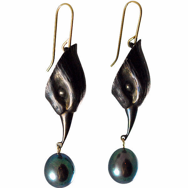 Gabriella Kiss Oxidized Bronze Bird Heads with Black Pearls Earrings