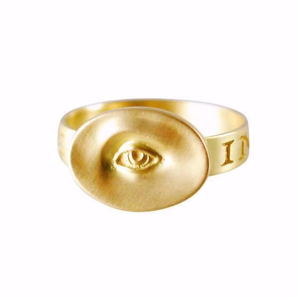 Gabriella Kiss 14k Small Eye Love Token Ring Inscribed with "Invigilare"