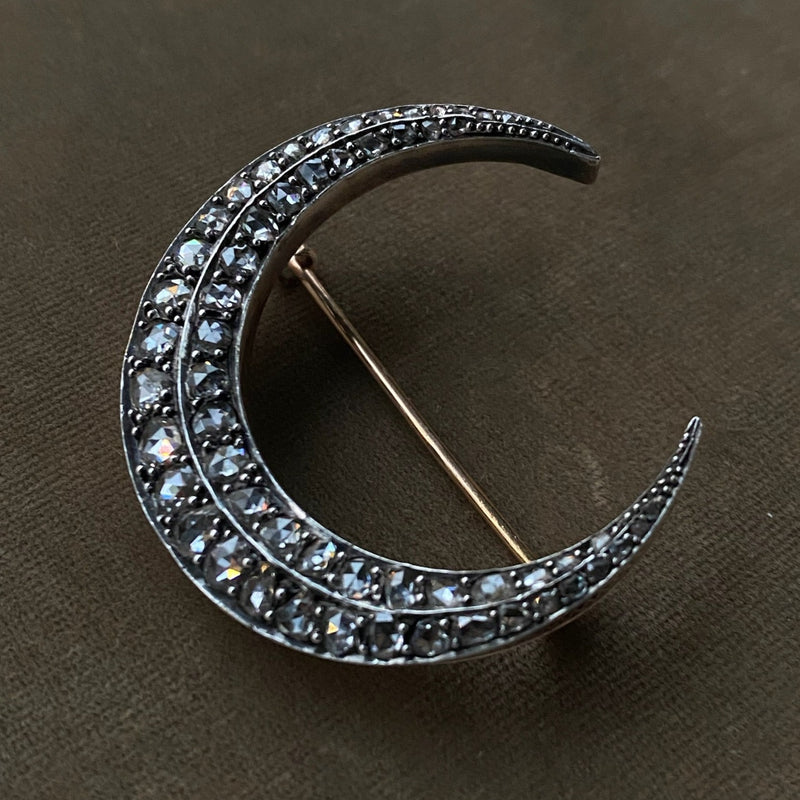 Antique French  Silver/18k Double Rose-cut Diamond Crescent Pin