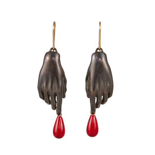 Gabriella Kiss Oxidized Bronze Hand Earrings with Red Drops