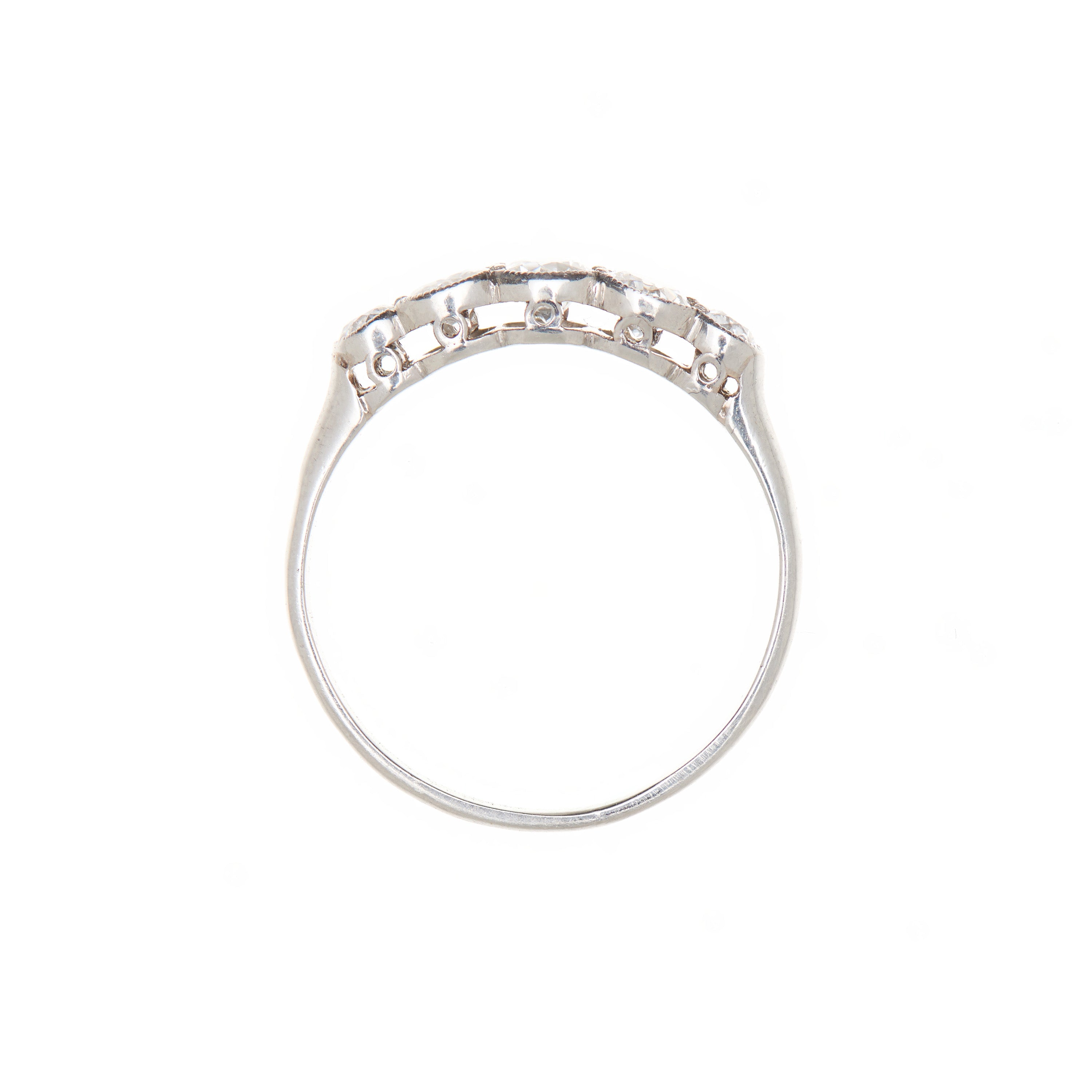 Antique Edwardian Platinum Half Hoop Five Diamond Ring With Millgrain Bezels