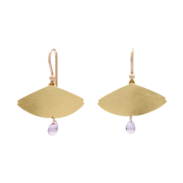 Gabriella Kiss 18k Hammered Fan Shape with a Pink Sapphire Drop Earrings