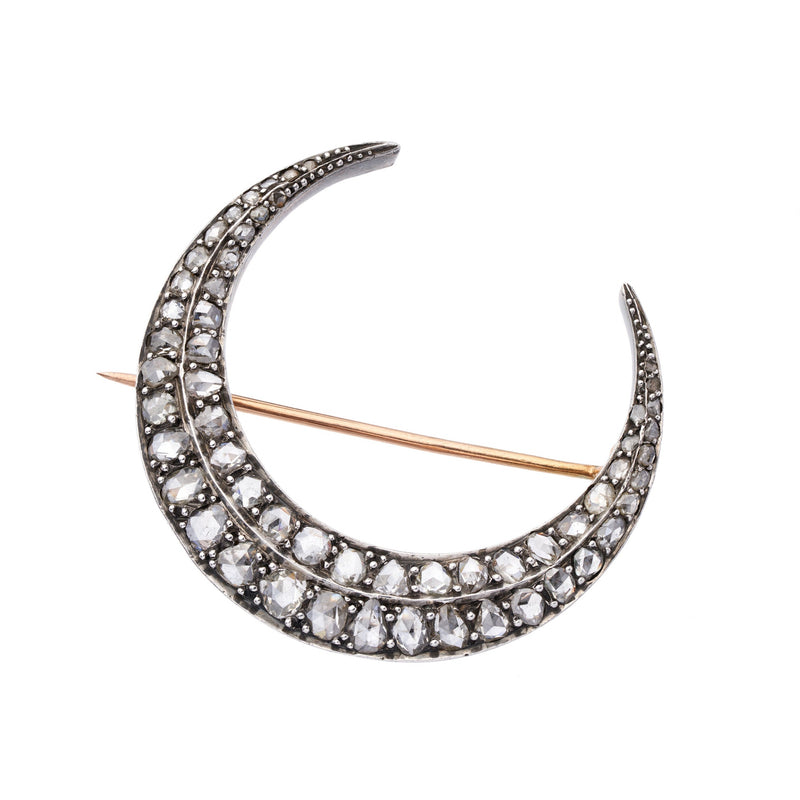 Antique French  Silver/18k Double Rose-cut Diamond Crescent Pin
