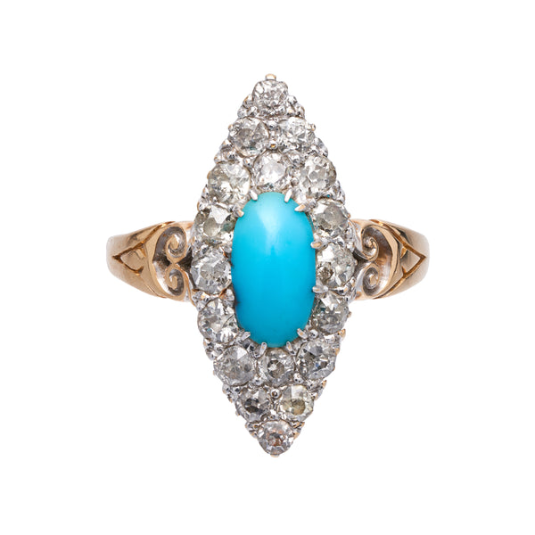 Antique Victorian 18k Turquoise and Diamond Navette Ring