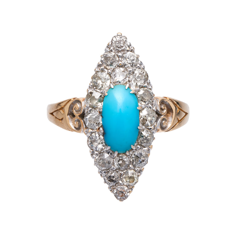 Antique Victorian 18k Turquoise and Diamond Navette Ring