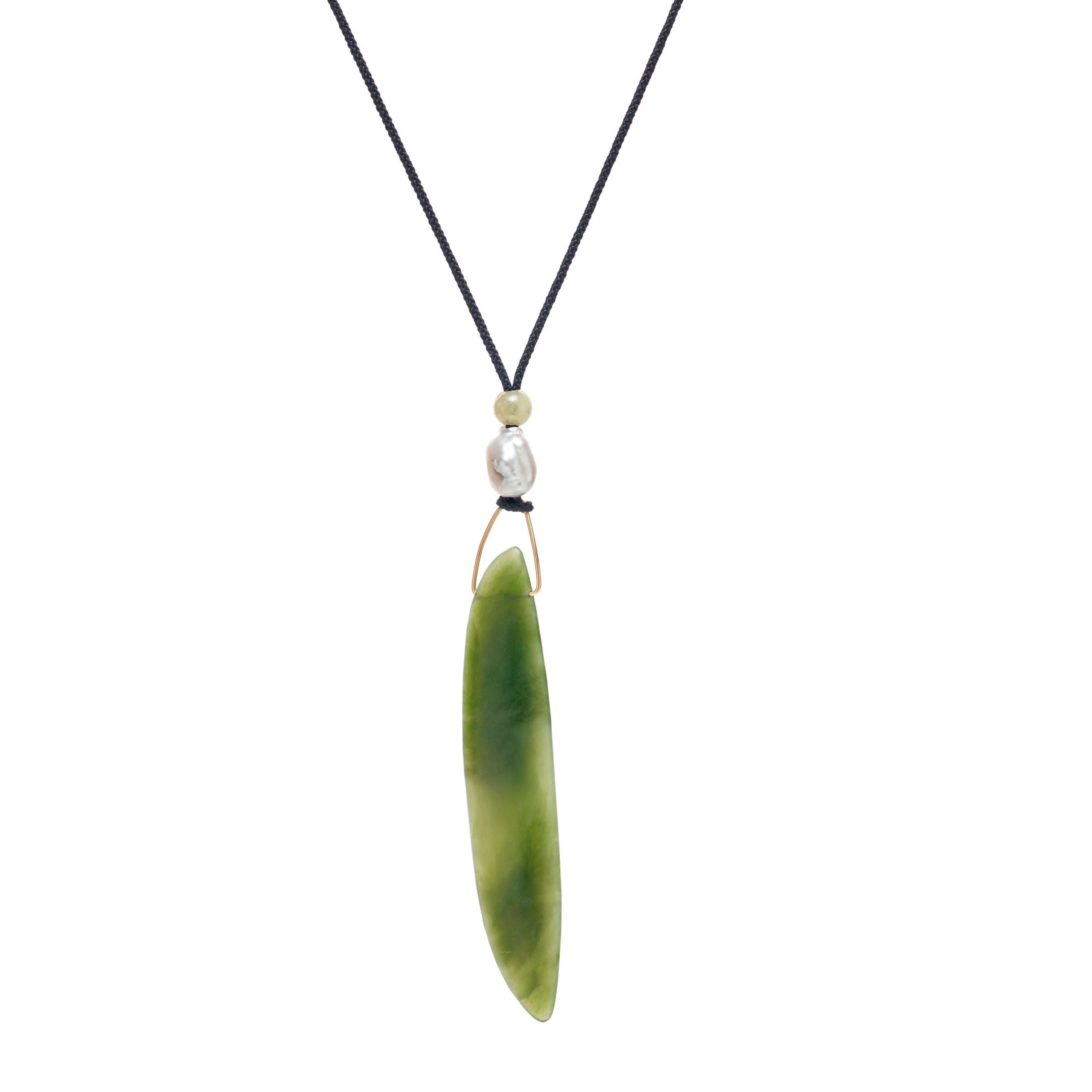Gabriella Kiss 14k Nephrite Jade Bean Pendant on Silk Cord Necklace