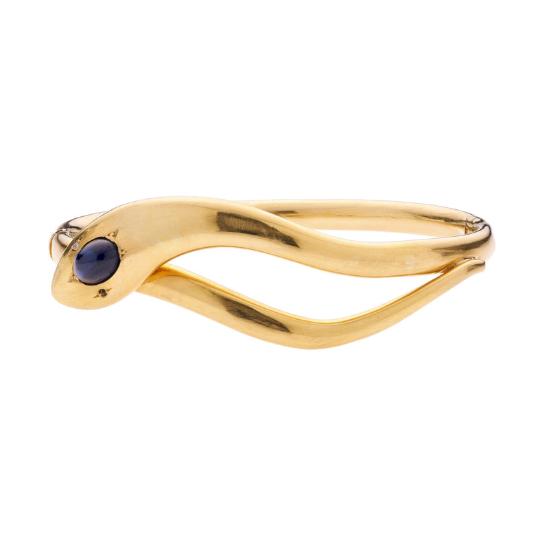 Antique Belle Epoque 18k Diamond Eyes and Sapphire Snake Bangle Bracelet
