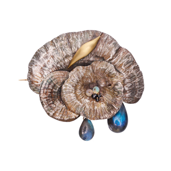 Gabriella Kiss Mushroom Brooch w/ 18k Slug, Labradorite, Opals & Diamonds