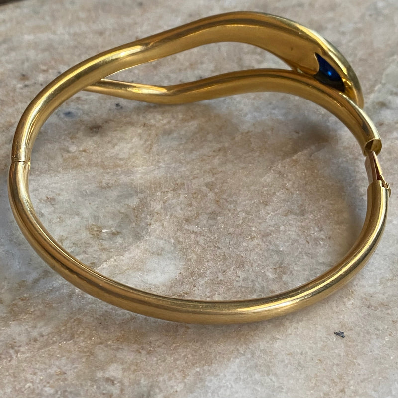 Antique Belle Epoque 18k Diamond Eyes and Sapphire Snake Bangle Bracelet