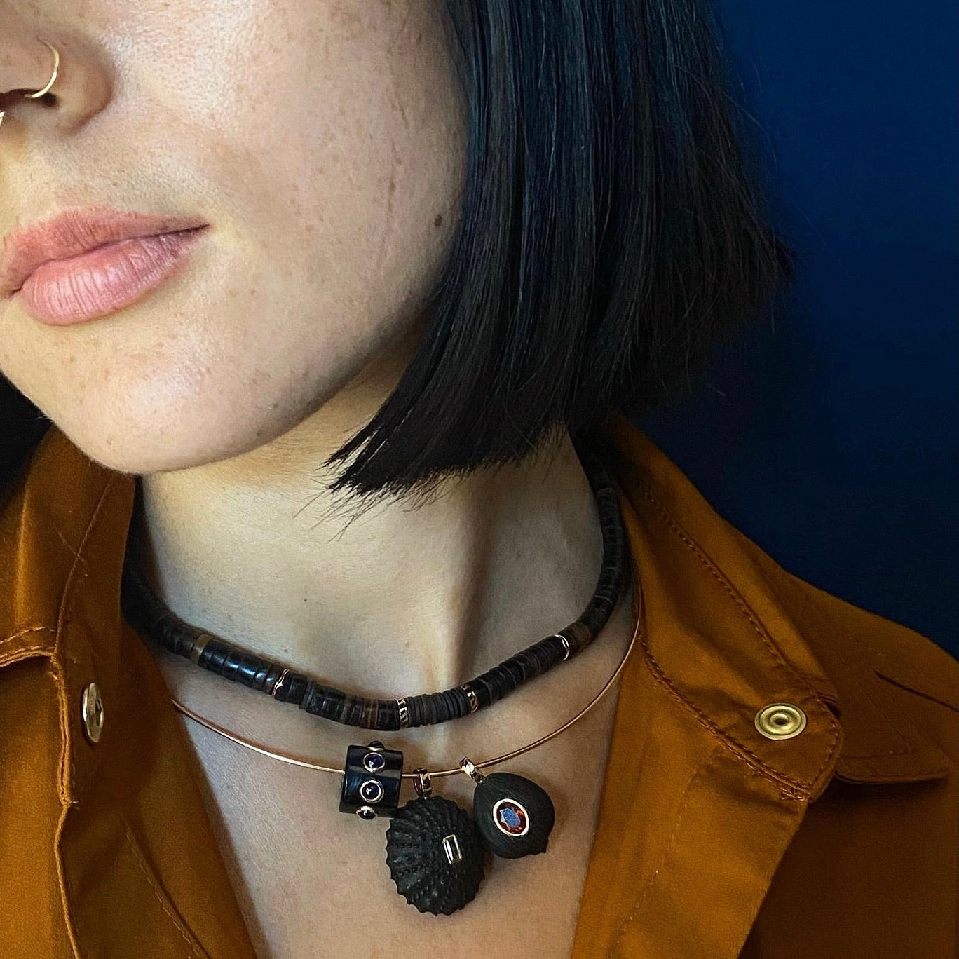 Dezso 18k Classic Carved Ebony Sea Urchin w/ Baguette Beryl Pendant