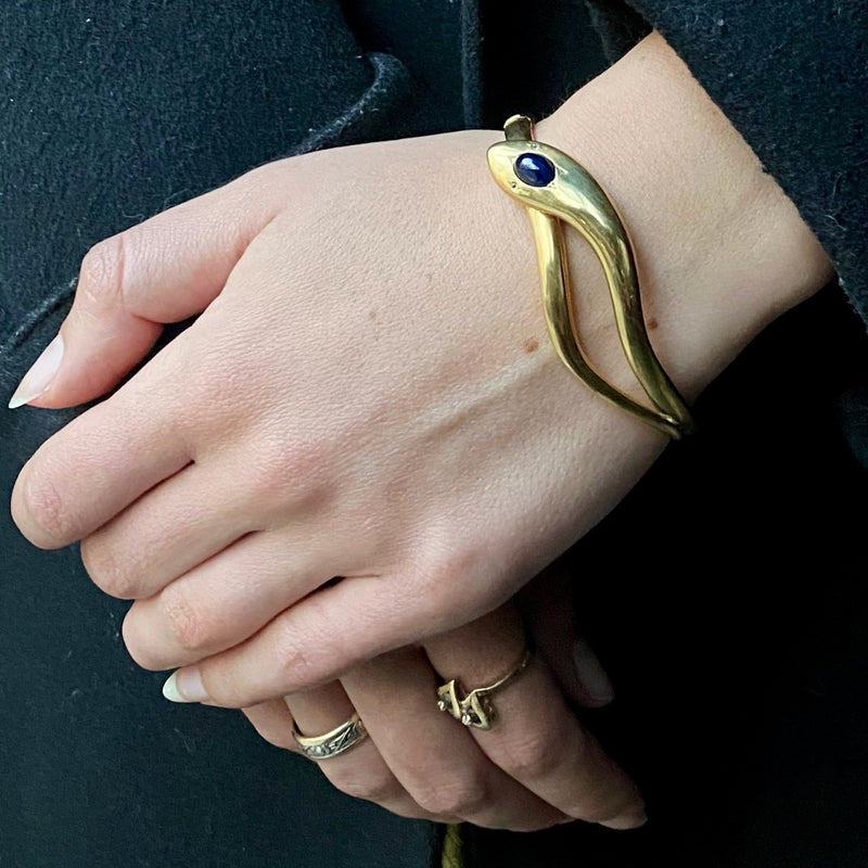 Antique Belle Epoque 18k Diamond Eyes and Sapphire Snake Bangle Bracelet