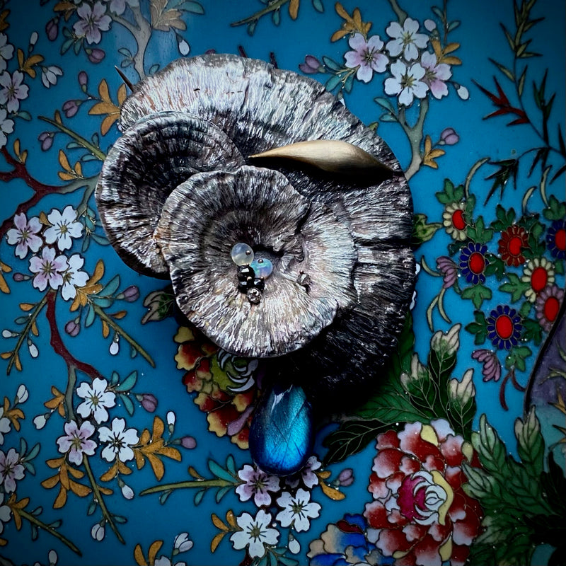 Gabriella Kiss Mushroom Brooch w/ 18k Slug, Labradorite, & Diamond Pin