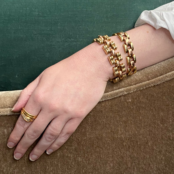 Vintage Retro 14k Rose & Green Gold Link Bracelet -  8"