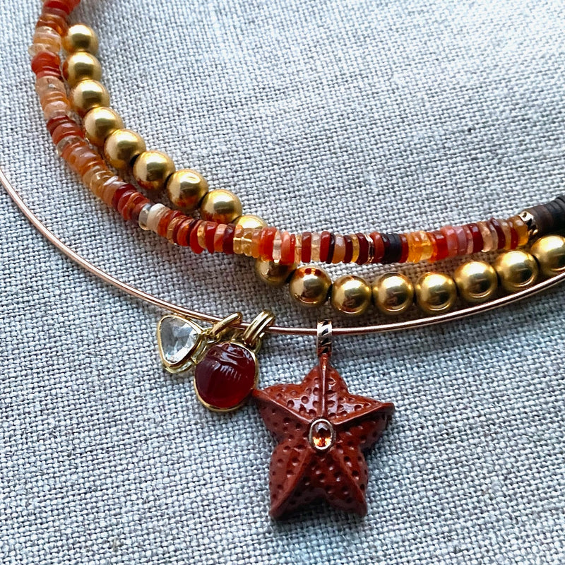 Dezso 18k Carved Red Jasper Starfish Pendant w/ Orange Sapphire