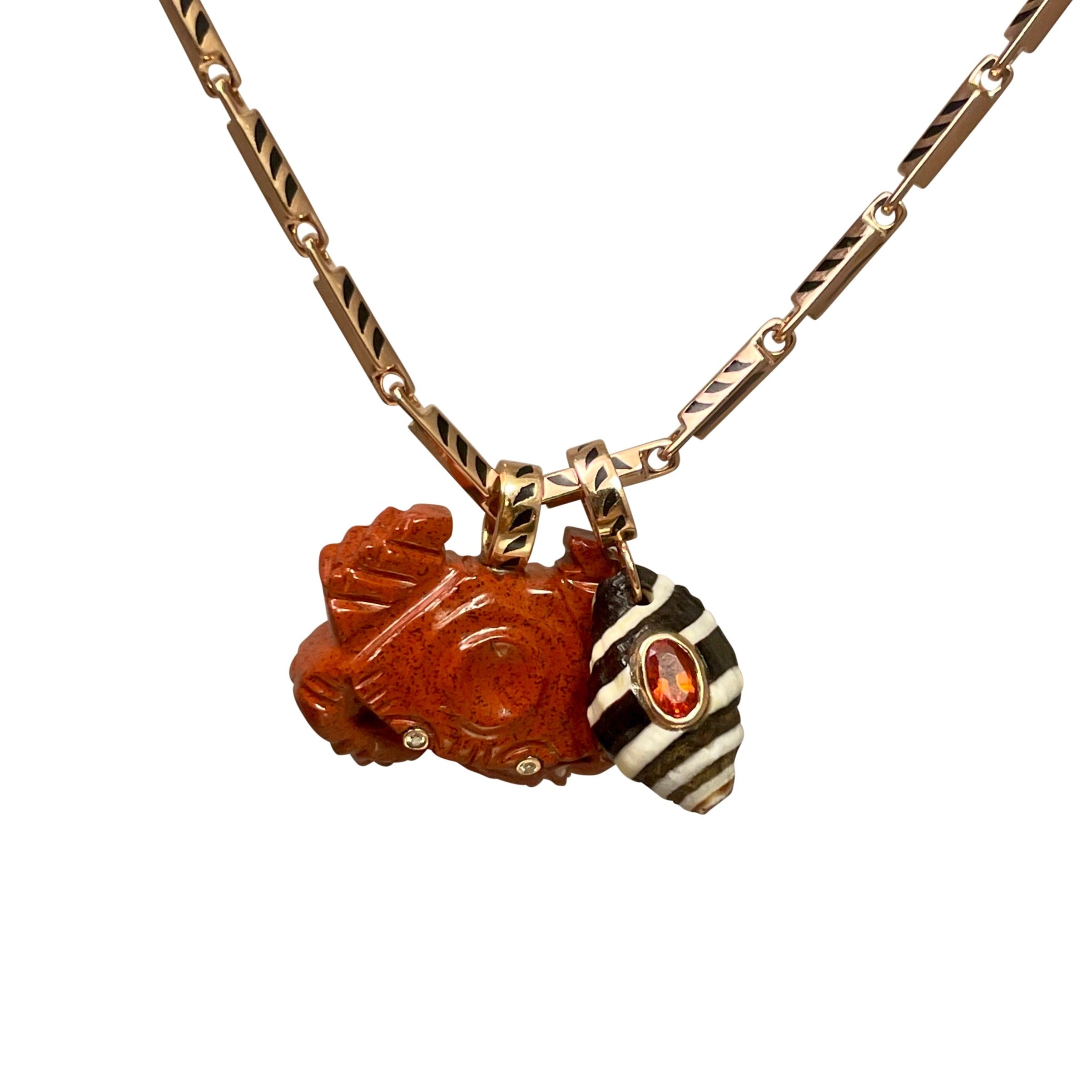 Dezso 18k Carved Red Jasper Crab Pendant w/ Diamond Eyes