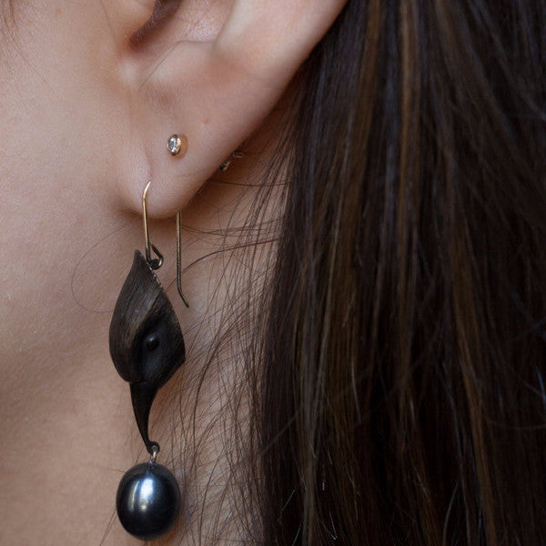 Gabriella Kiss Oxidized Bronze Bird Heads with Black Pearls Earrings